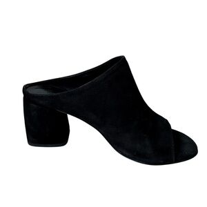 Rebecca Minkoff Black Suede Open Toe Slip On Mules Heels Women's Size 37
